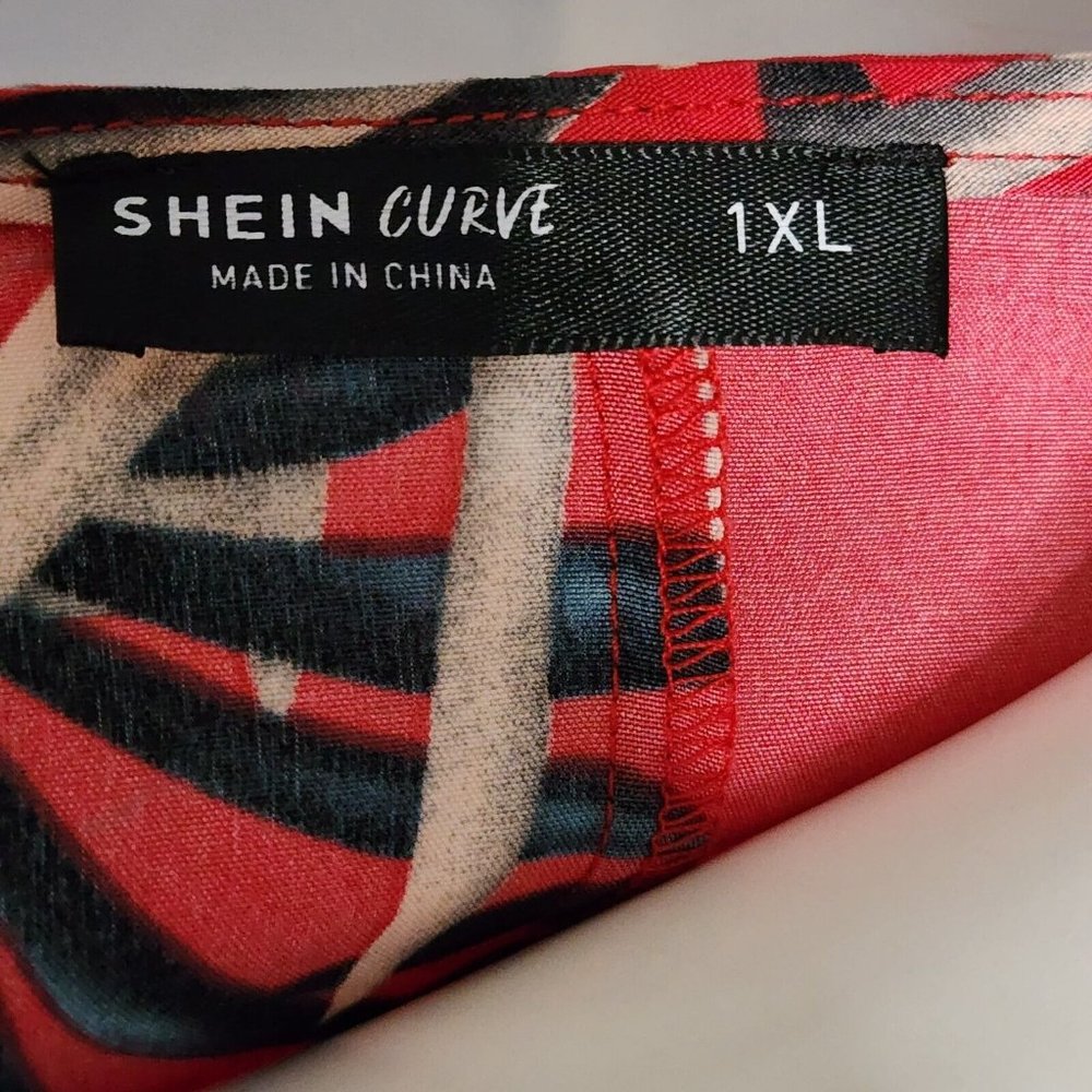 Shein Curve Top Womens Plus Size 1X Red Floral Short Sleeve Crop Tie Front - Picture 5 of 7